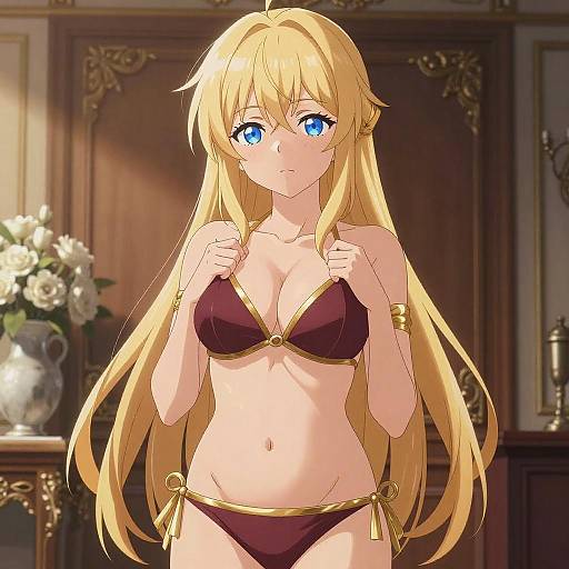 Anime Blonde Woman in Maroon Bikini