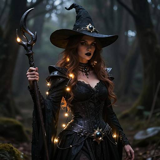Dark Witch with Staff in Forest