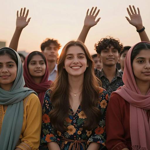 Joyful Crowd at Sunset with Smiling Woman