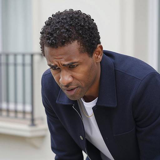 Focused Man in Dark Blue Jacket