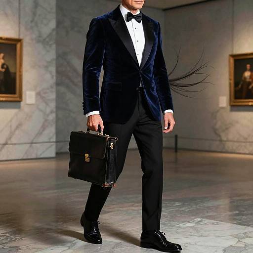 Photorealistic CGI of a tall, handsome man in a black velvet tuxedo, white shirt, black bow tie, carrying a black leather brief
