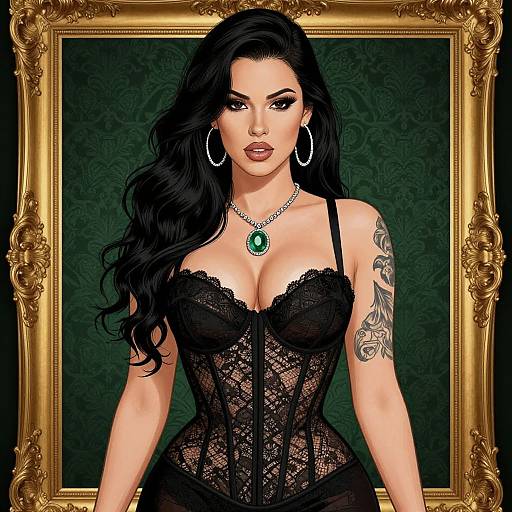 Digital art of a confident woman with long black hair, wearing a lace black corset, green gem necklace, and hoop earrings, tattooed arm,