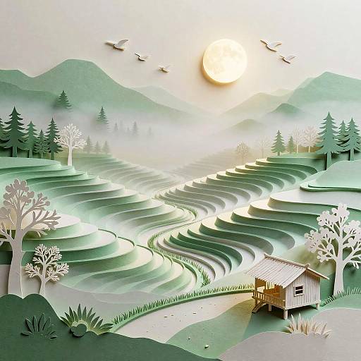 Paper Cut-Out Misty Rice Terraces