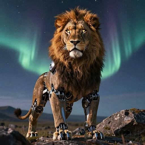 Majestic Cybernetic Lion Under Aurora