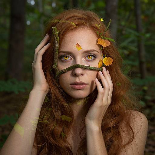 Photograph of a fair-skinned, red-haired woman with yellow eyes, forest leaves in her hair, and branches across her face, touching her face