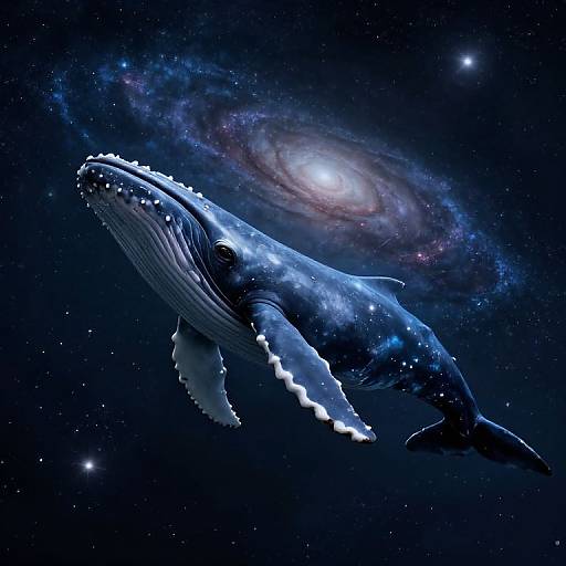 Digital artwork of a massive blue whale with glowing white edges, floating in a starry space with a spiral galaxy behind.