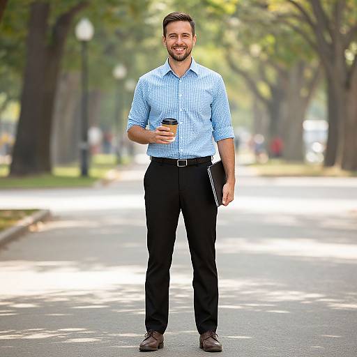 Smiling Man Holding Coffee Cup on Park Path