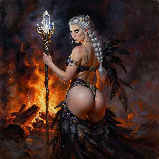 Digital painting of a silver-haired, braided, fair-skinned sorceress with large breasts and prominent buttocks, wearing black feathered armor,