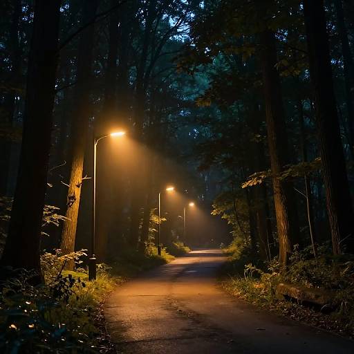 Photograph of a dimly lit, narrow forest road at night, illuminated by glowing street lamps, surrounded by tall trees and dense foliage.