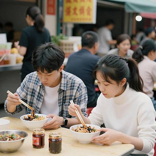 Young Asians Enjoying Outdoor Market Feast
