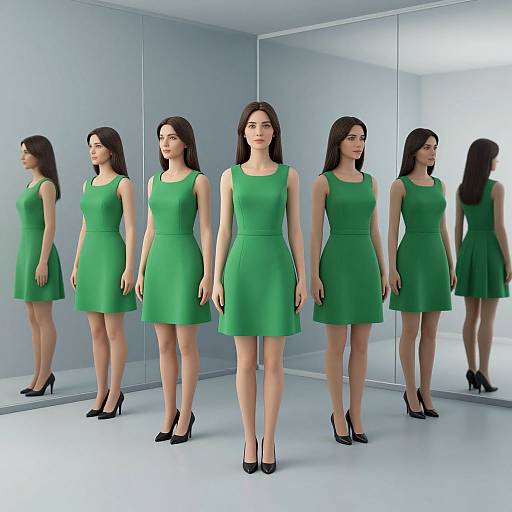 Photograph of a young woman with long black hair, wearing a green sleeveless dress and black heels, reflected in multiple mirrors.