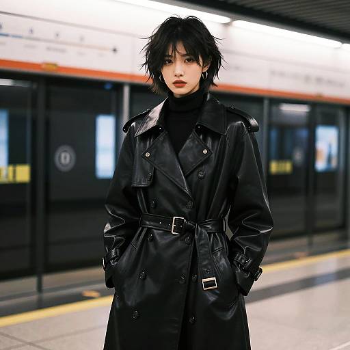 Spiky-Haired Woman in Leather Trench Coat