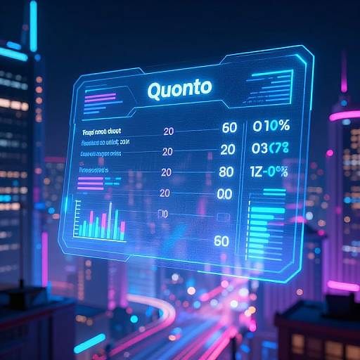 Digital neon cityscape with floating, glowing blue financial interface displaying 