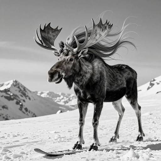 Flamboyant Moose Skiing in Grayscale