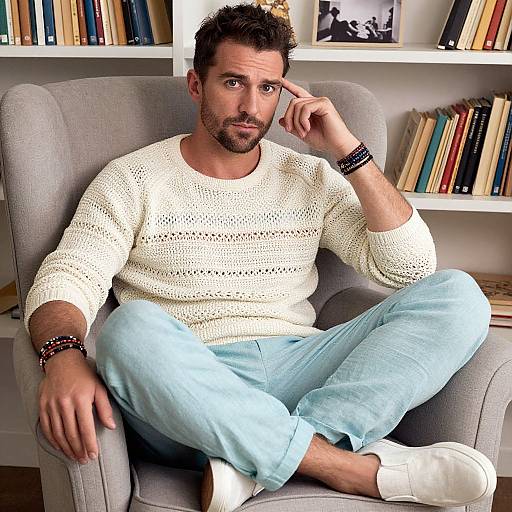 Photograph of a handsome, bearded man with short brown hair, wearing a white knit sweater, light blue pants, and white sneakers, sitting in