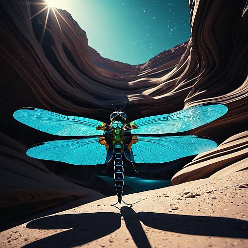 Crystalline Dragonfly-Peacock Hybrid in Alien Desert Canyon