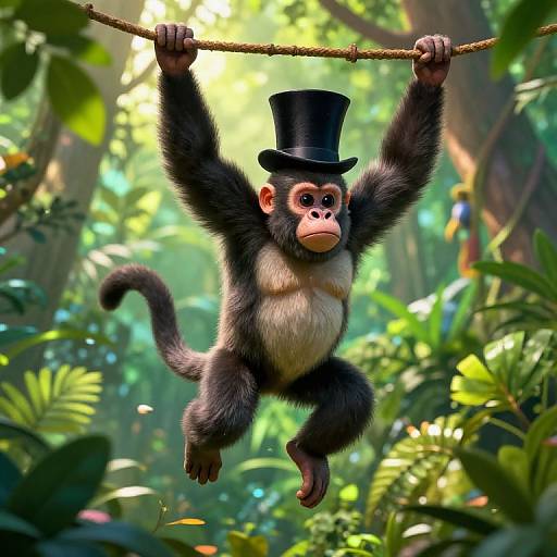 Photorealistic CGI of a cute, black-furred monkey with a white chest hanging from a jungle vine, wearing a black top hat, surrounded by