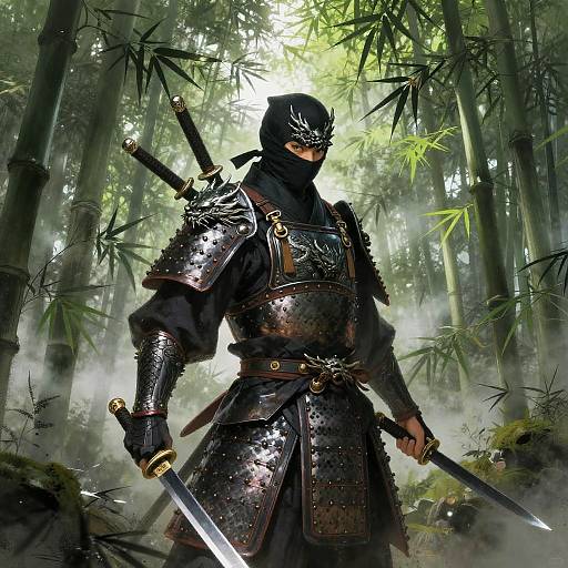 Digital artwork of a samurai in black armor, mask, and gloves, standing in a misty bamboo forest with swords.
