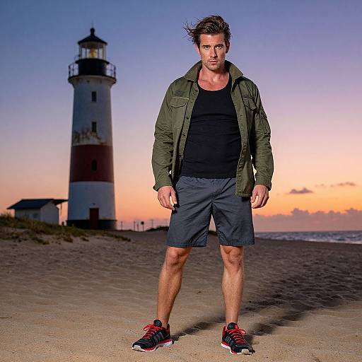 Photograph of a muscular man with spiky hair, wearing a green jacket, black shirt, and black shorts, standing on a sandy beach at sunset