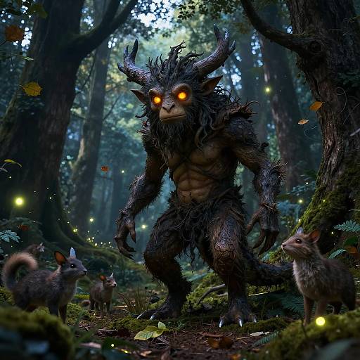 CGI fantasy forest scene: muscular, horned, glowing-eyed demon with dark fur stands among three small, curious squirrels, surrounded by glowing fire