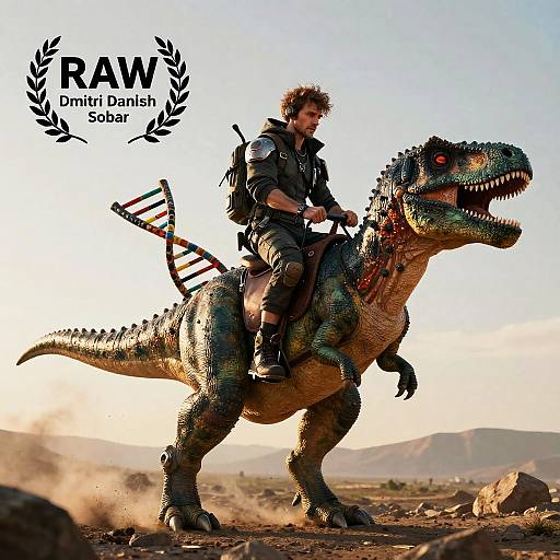 Photograph of a man in tactical gear riding a CGI velociraptor with a backpack and rifle, desert background, 