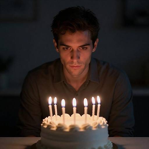 Man Gazing at Candlelit Frosted Cake