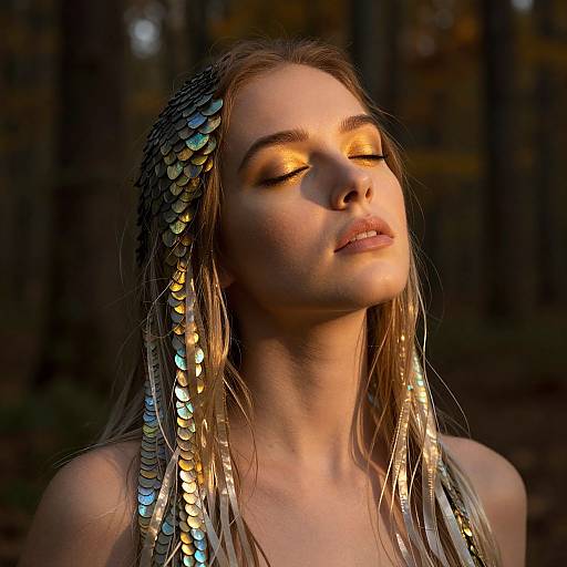 Photograph of a blonde woman with closed eyes, wearing sequined hair extensions, bathed in golden sunlight in a forest.