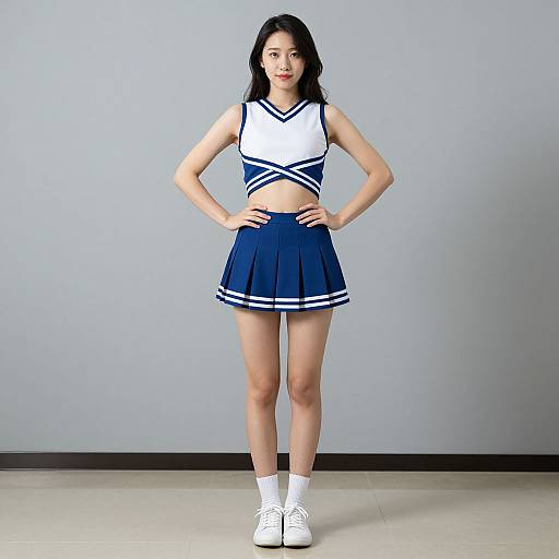 Photograph of an Asian woman with long black hair, standing confidently in a white and navy blue cheerleader outfit with a pleated skirt, white socks