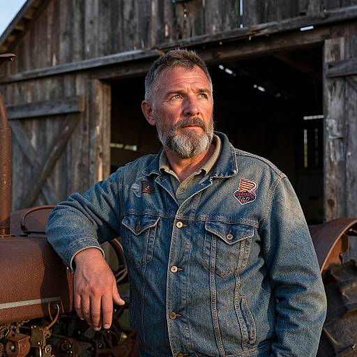 Photograph of a middle-aged man with a gray beard and short hair, wearing a blue denim jacket with patches, leaning on an old rusty machine in