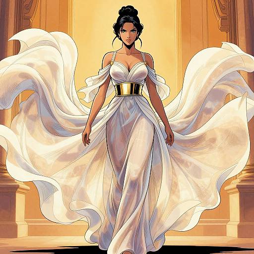 Digital comic-style illustration of a confident Black woman with dark hair in an updo, wearing a flowing white gown with a gold belt, standing in a