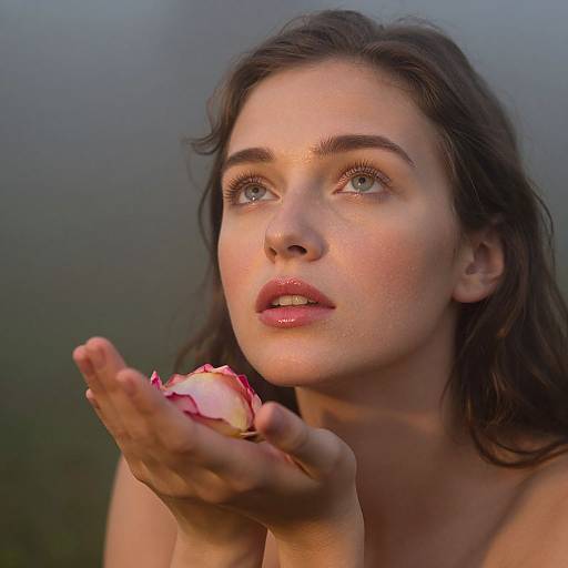 Photograph of a fair-skinned woman with blue eyes, dark brown wavy hair, and pink lips, holding a pink rose in her outst