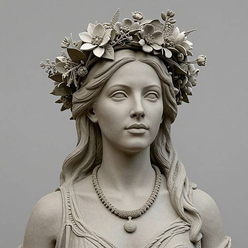 Photograph of a detailed, grayscale stone sculpture of a serene woman with flowing hair, wearing a floral crown and necklace, set against a plain gray background