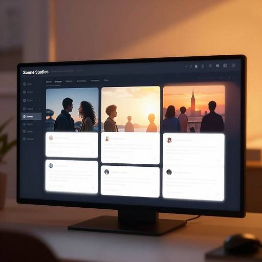 Photograph of a computer screen displaying Adobe Photoshop interface with silhouetted images of people in sunset-lit outdoor scenes, set on a desk against