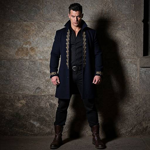 Photograph of a muscular man with short dark hair, wearing a black ornate coat, black shirt, black pants, and brown boots, standing against