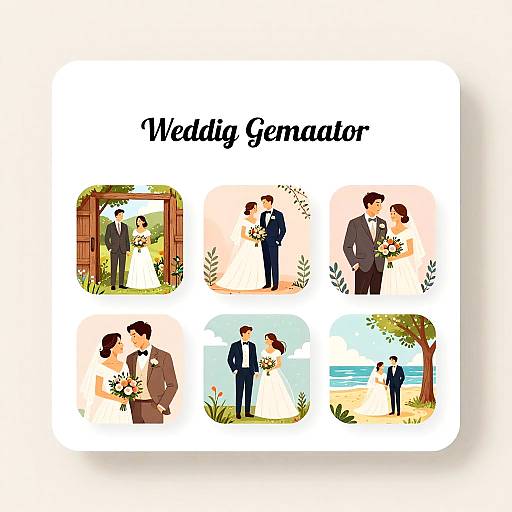 Digital illustration of six wedding-themed scenes: bride and groom in suits, white dresses, and bouquets, in various outdoor settings. Text reads 