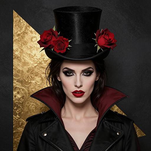 Photograph of pale-skinned woman with dark makeup, red lipstick, black top hat adorned with red roses, black leather jacket, and red collar,