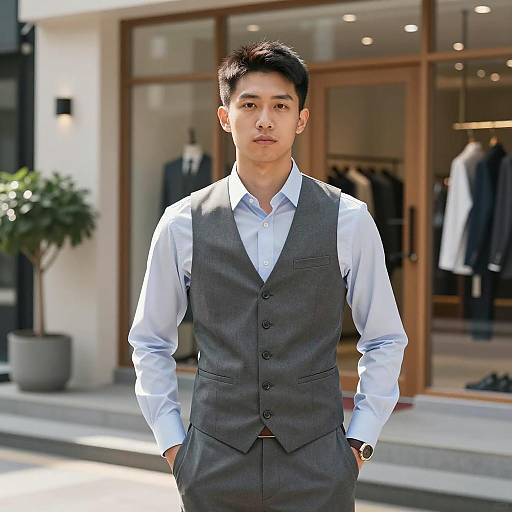 Young Asian Man Wearing Gray Vest