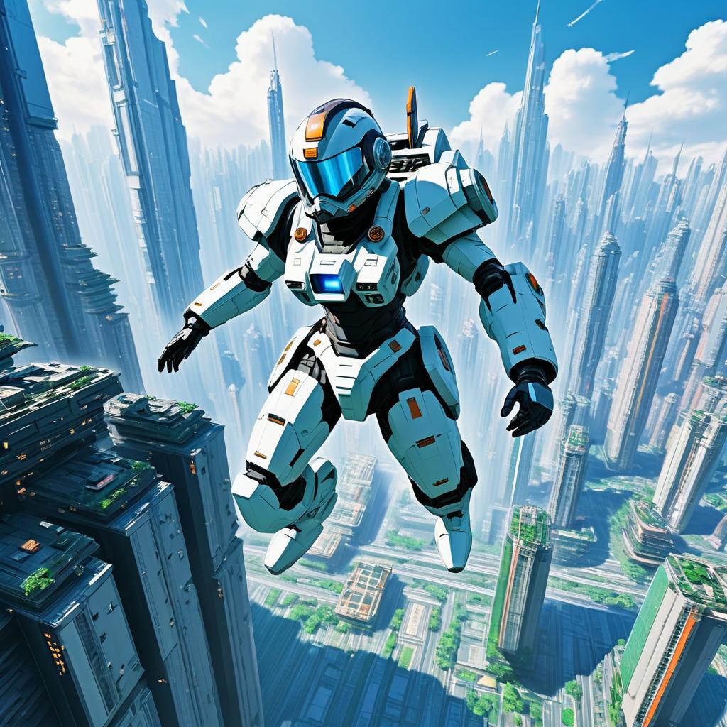 Futuristic Mech Pilot in Vibrant Cityscape