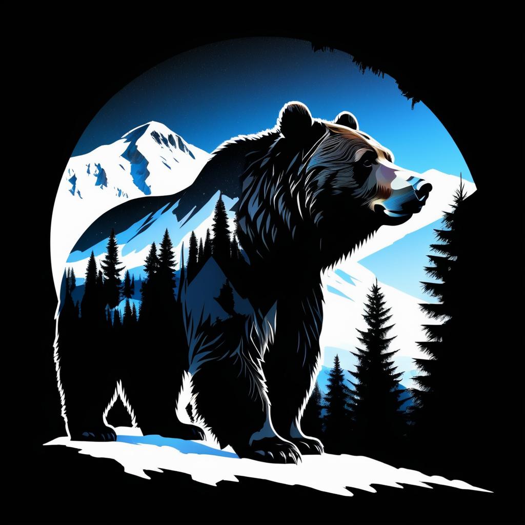 Grizzly Bear Silhouette with Mountain Scene