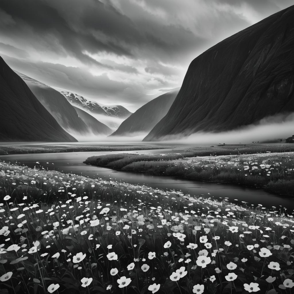 Misty Fjord with Wildflower Fields