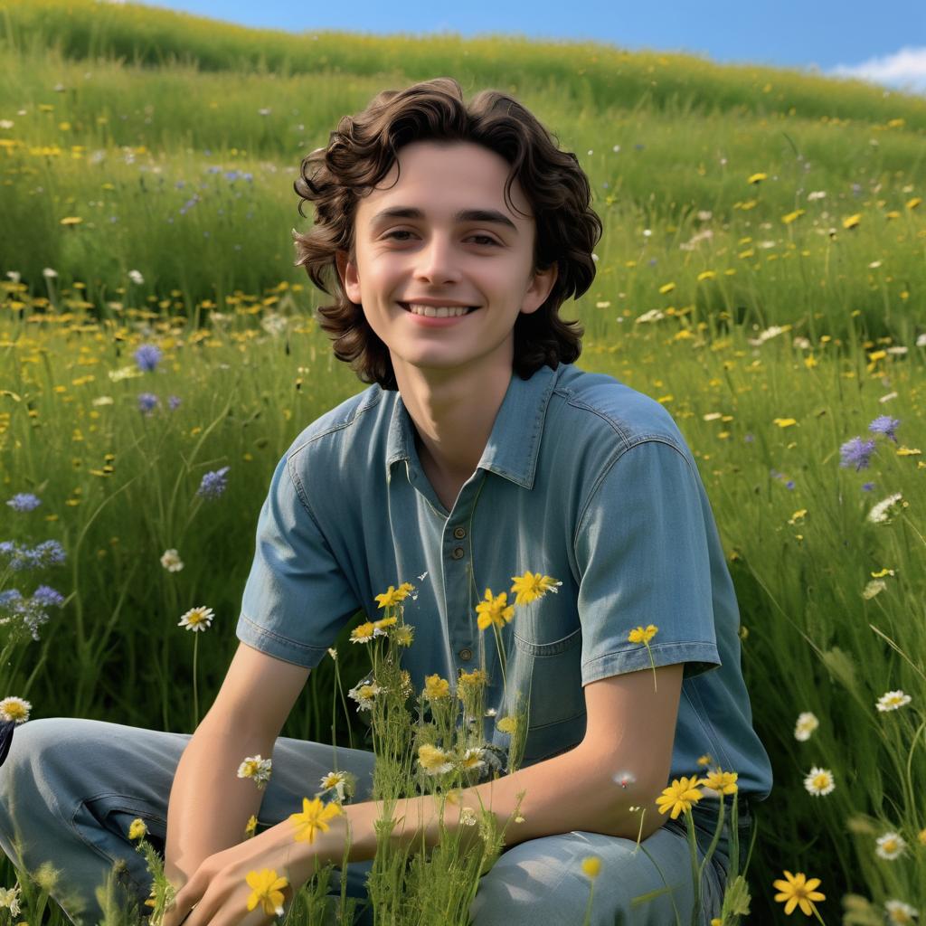 Eerie Smiling Timothee in Meadow