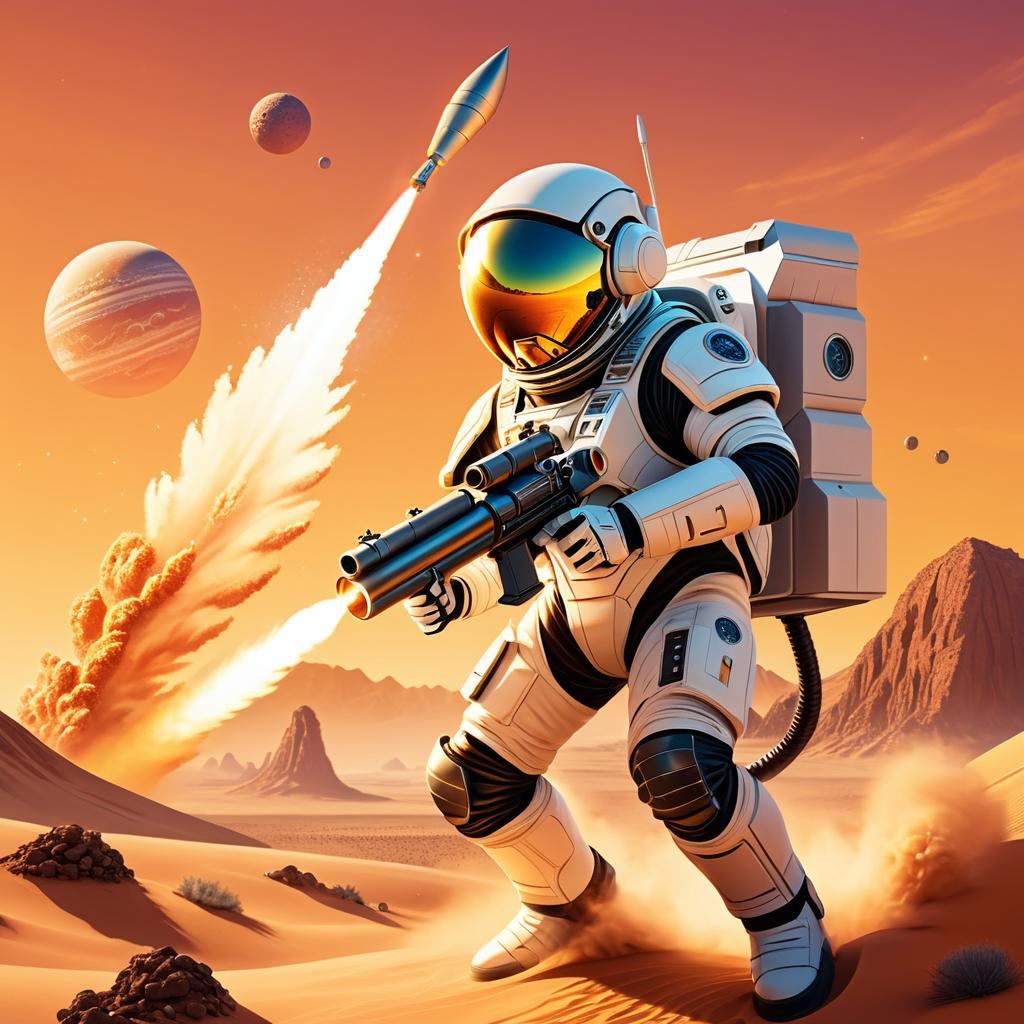 Alien Astronaut in Fiery Desert Battle