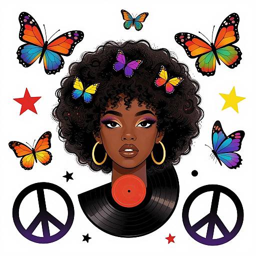 Digital illustration of a dark-skinned woman with curly black hair, colorful butterflies, star, and peace symbols, wearing gold hoop earrings, with a vinyl