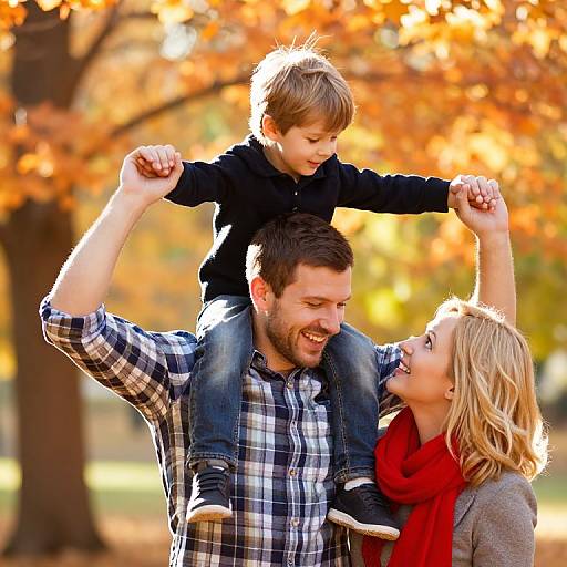 Photograph of a smiling bearded man in a plaid shirt carrying a young boy on his back, with a blonde woman in a red scarf looking