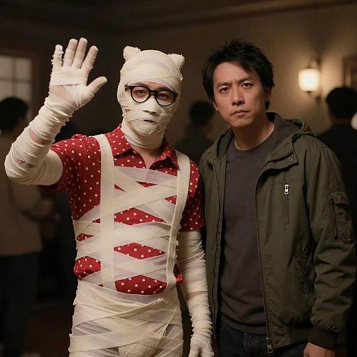 Mummy Costume Encounter in Dim Light