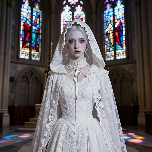 Photorealistic digital art of a pale-skinned, white-haired bride in an ornate lace wedding gown and veil, standing in a Gothic cathedral with