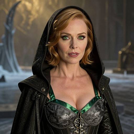 Photograph of a fair-skinned, green-eyed woman with short blonde hair, wearing a black hooded cloak over a green-strap black corset