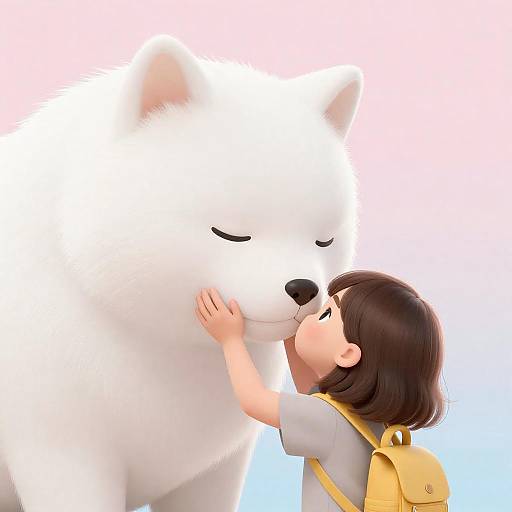 Girl with Yellow Backpack and White Fluffy Creature