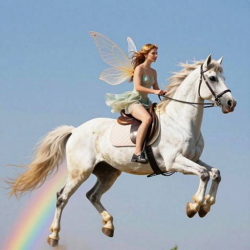 Surreal Fairy Riding Unicorn Rainbow