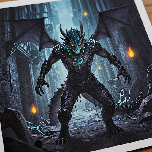 Digital artwork of a dark, muscular, dragon-like creature with glowing blue eyes and wings, standing in a ruined, blue-lit, stone building with